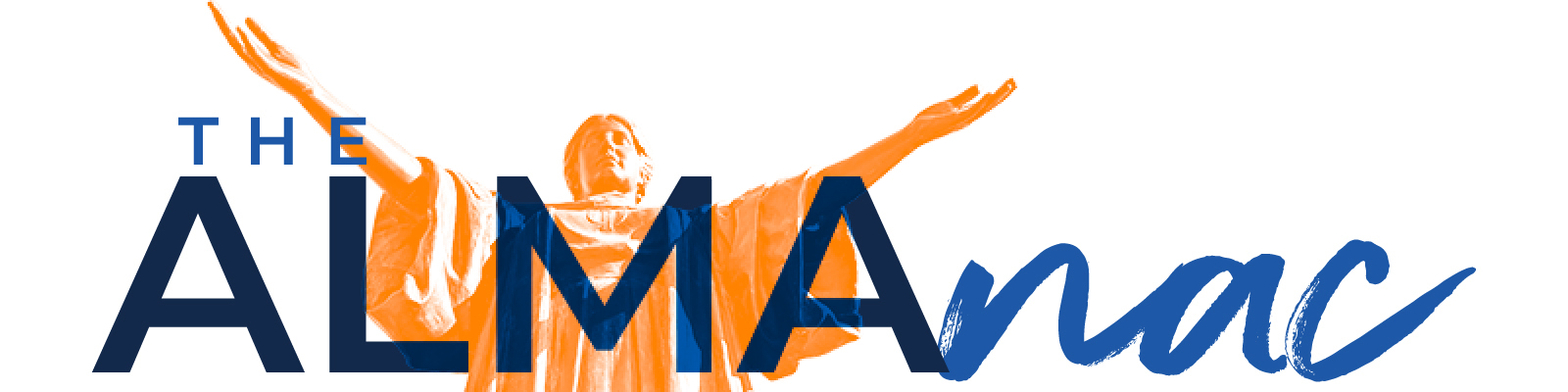The ALMAnac header image featuring stylized text and Alma Mater statue with arms uplifted