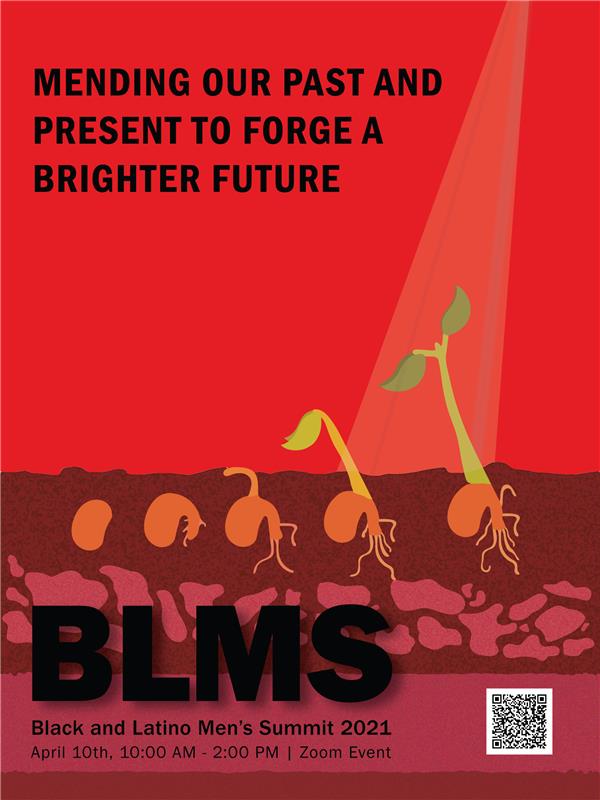 Poster from 2021 BLMS featuring series of four seedlings growing into a plant against red background