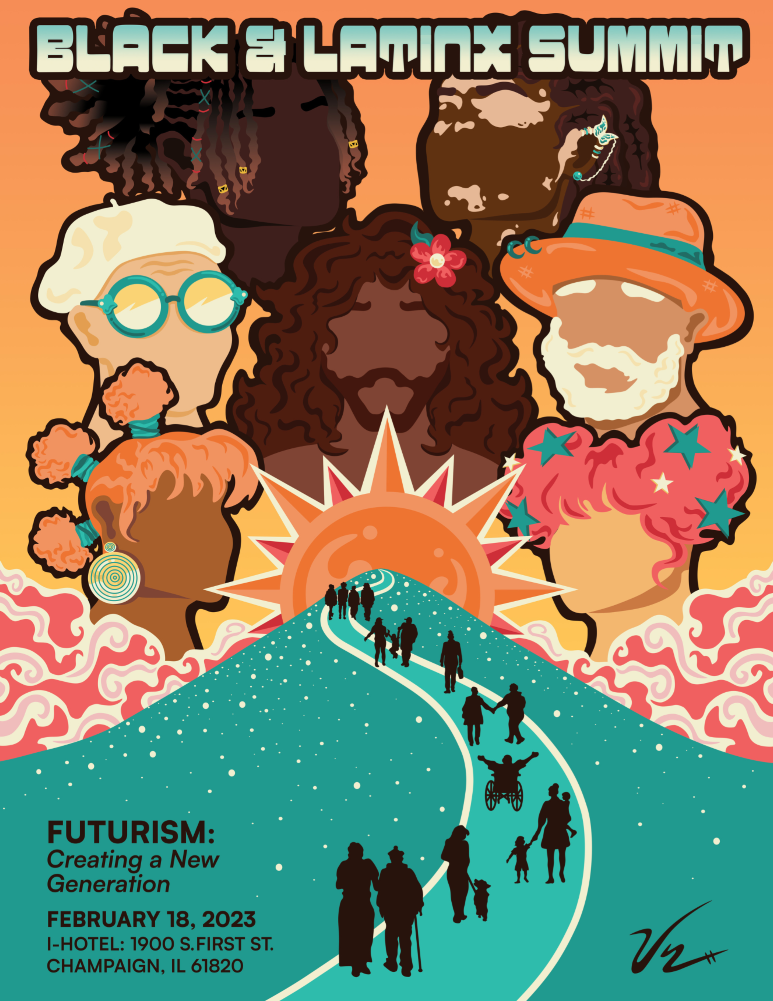 Poster from 2023 BLS featuring comic book style illustrations of large heads with a path of silhouetted figures walking towards a sun