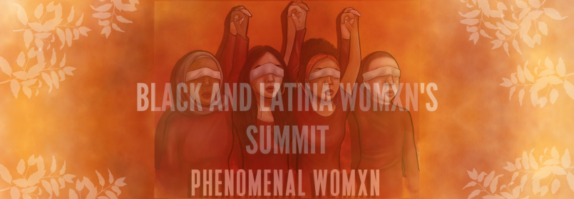 Header graphic featuring illustration of four blindfolded women holding raised hands against orange textured background