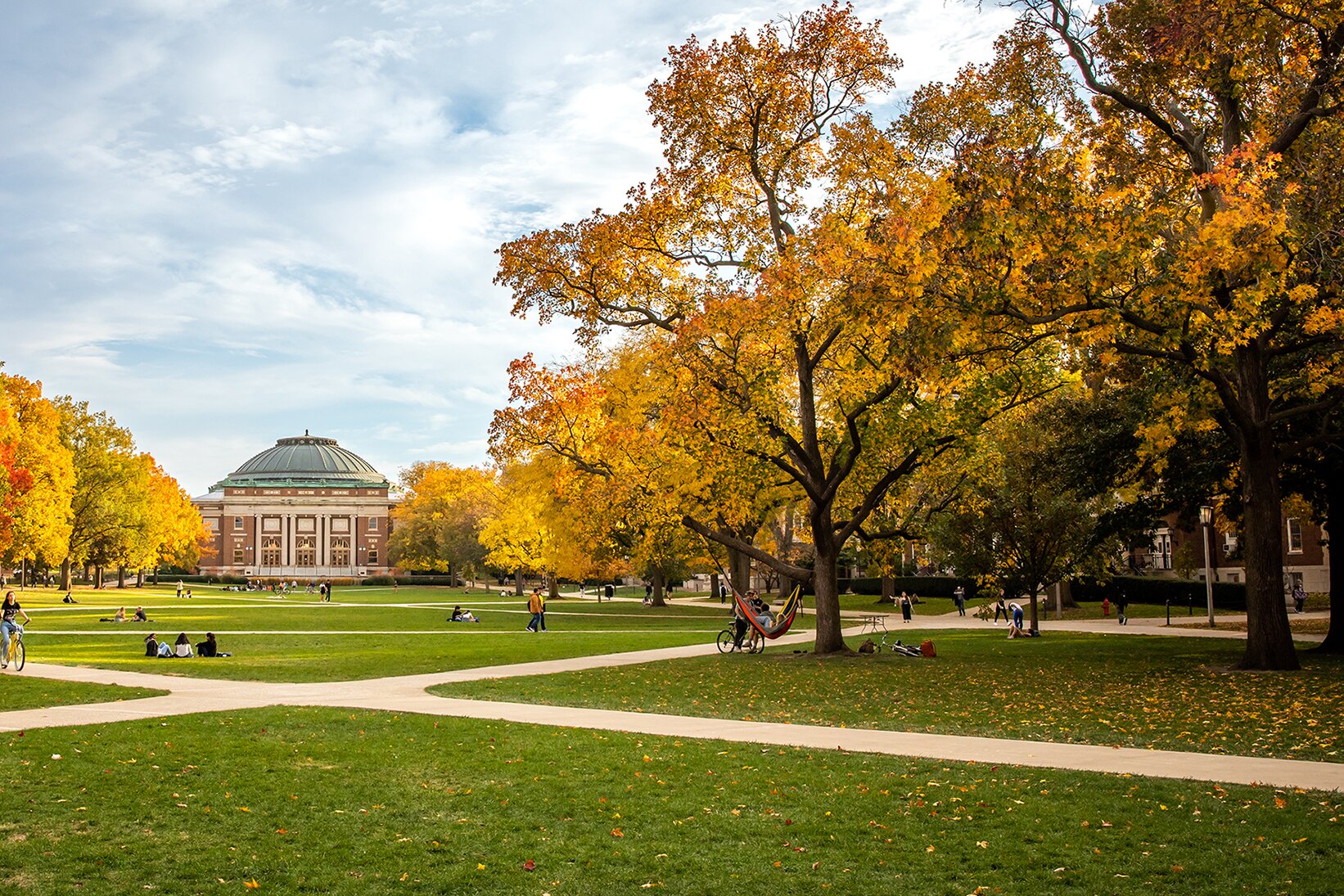 Scenic view of Main Quad with Foellinger Auditorium in distance and autumn leaves.
