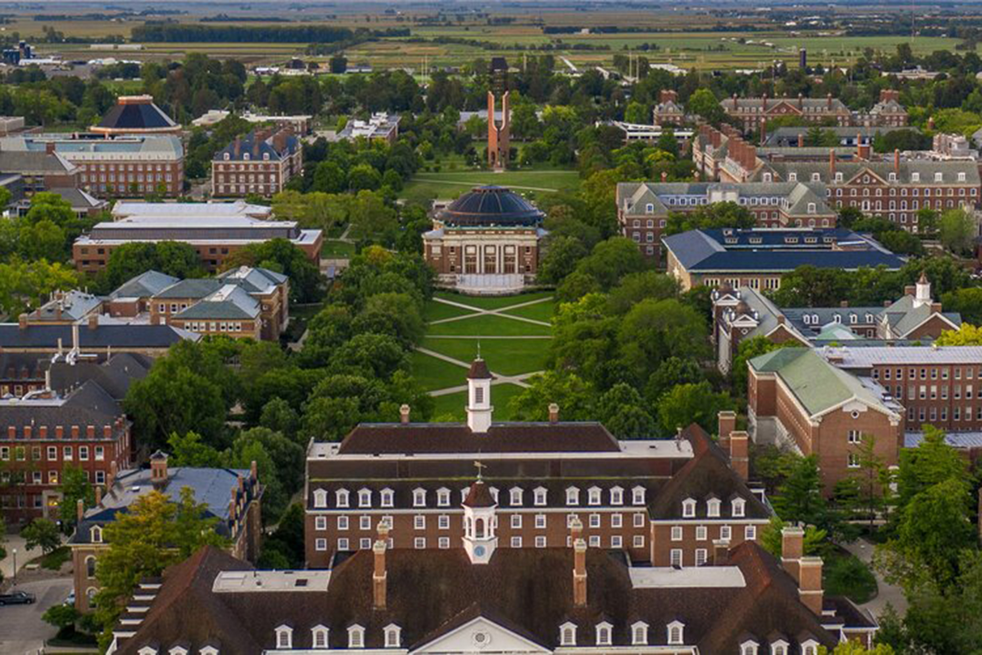 Aerial view of the Main Quad and surrounding campus area.