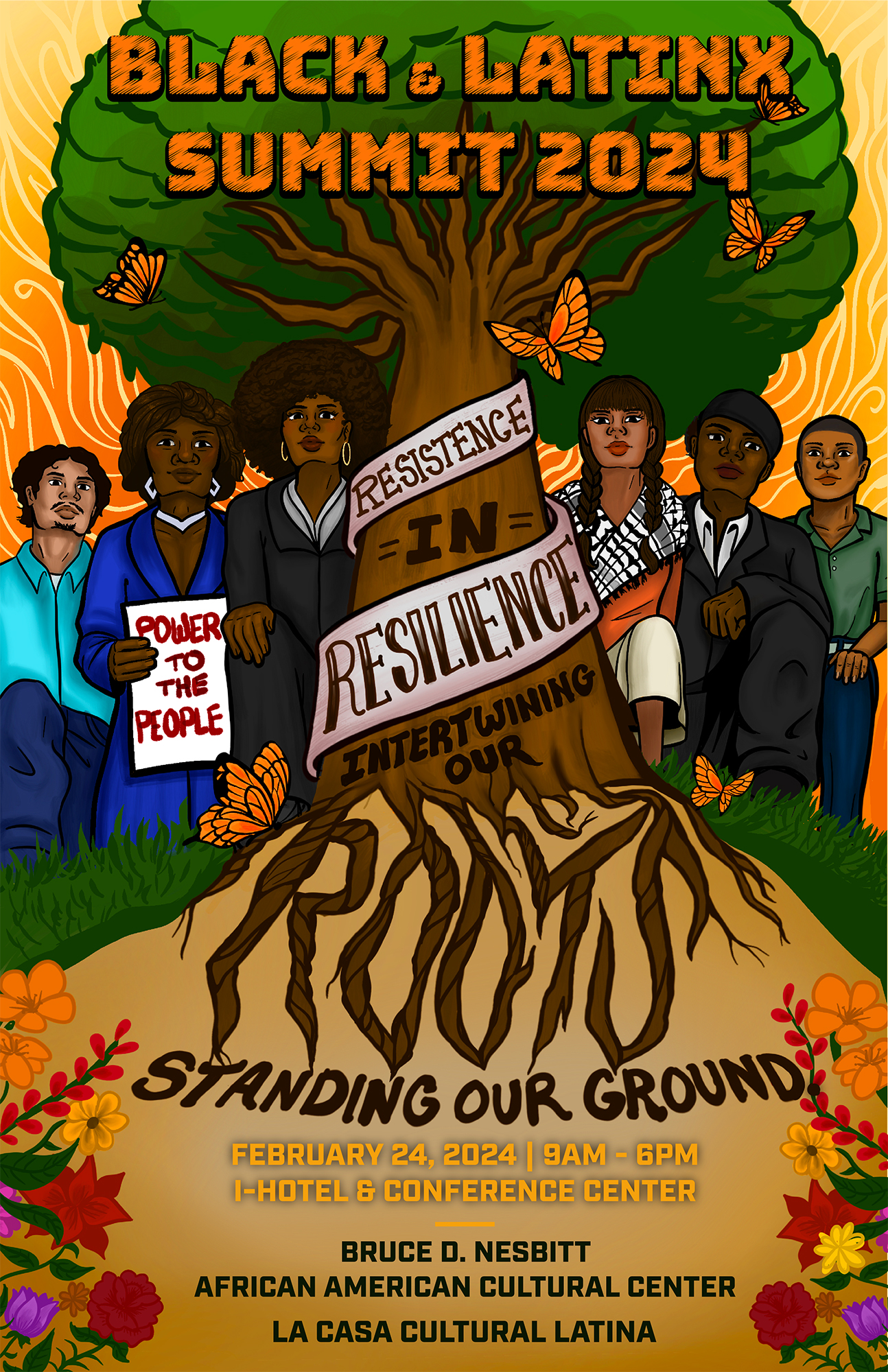 2024 poster art featuring illustration of tree growing from roots with diverse people standing on either side